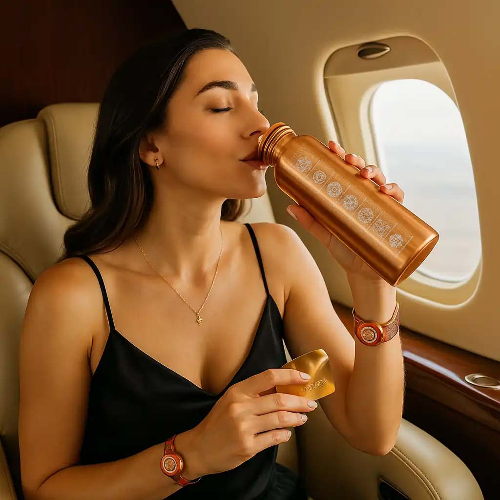 Mujer bebiendo agua de su botella de cobre durante un vuelo