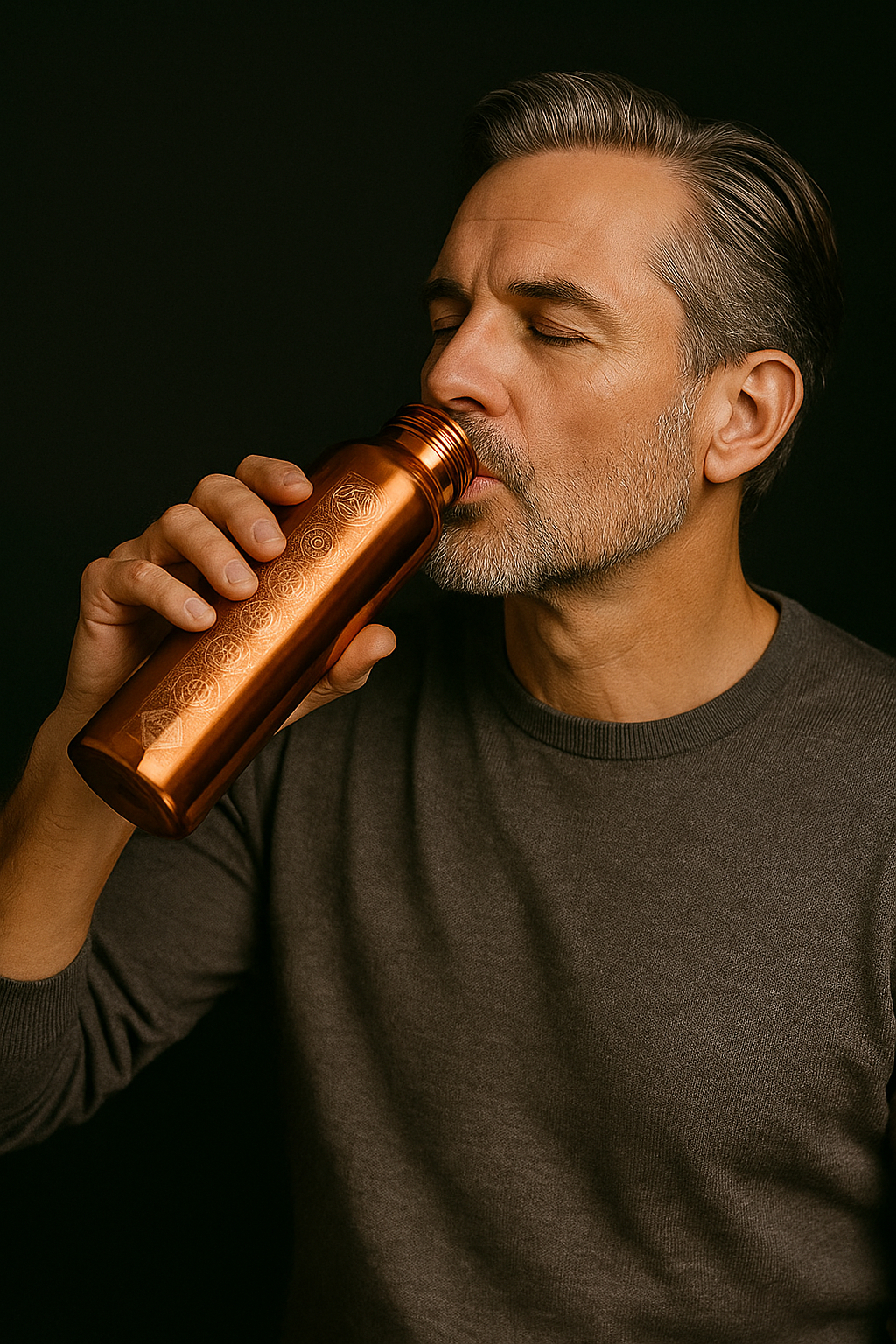 Hombre bebiendo agua de la botella de cobre en penumbra