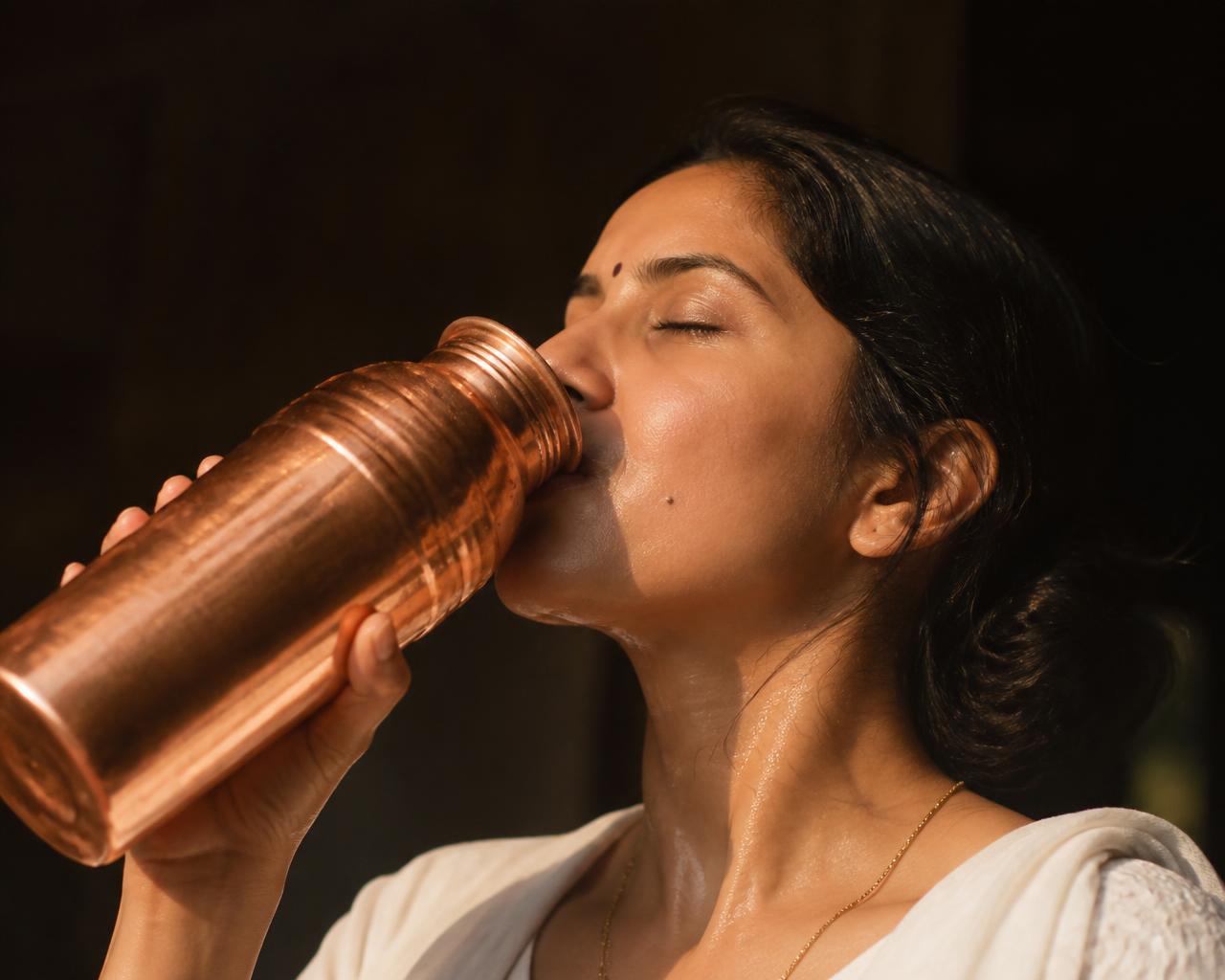 Mujer bebiendo agua de su botella de cobre con luz matutina