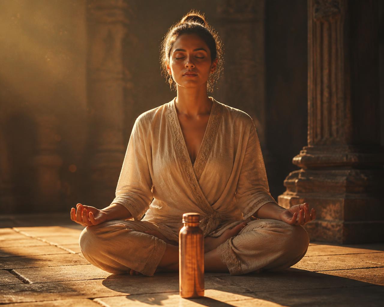 Mujer meditando frente a su botella de cobre al amanecer